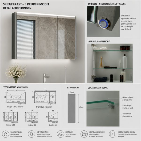 BRIGHT MDF Spiegelkast 120 cm met LED Verlichting d