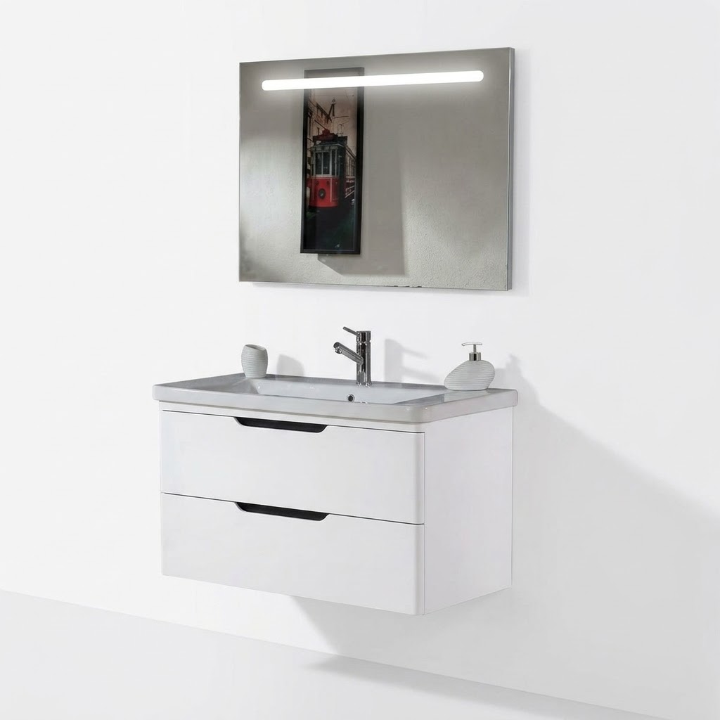 BELEN 105 V21 Wit - Complete Badkamermeubelset 105 cm met Keramische Wastafel & LED Spiegel