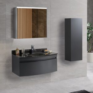 ROSALINE 90 cm Mat Zwart Badkamermeubel Set met LED Spiegelkast & Kolomkast