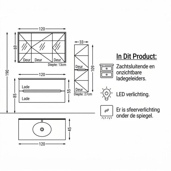 SMART 120 cm Compleet Badkamermeubelset met LED Spiegelkast & Kolomkast t