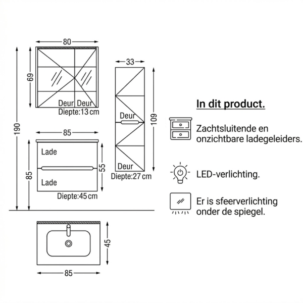 SMART 85 cm Compleet Badkamermeubelset met LED Spiegelkast &Kolomkast t