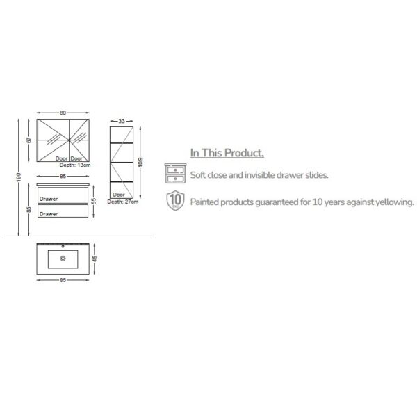 MAYA 85 cm Hoogglans Wit Complete Badkamermeubelset met Wastafel, Kolomkast en LED Spiegel t