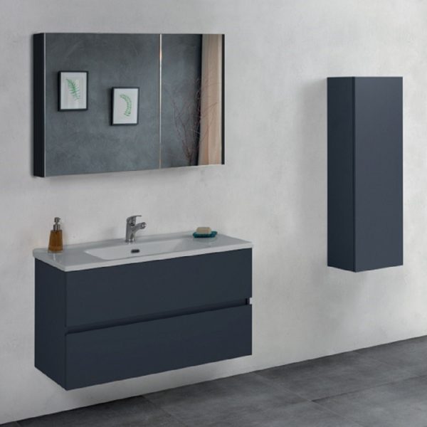 TIME 100 cm Antraciet - Complete Badkamermeubelset met Wastafel, Kolomkast en Spiegelkast