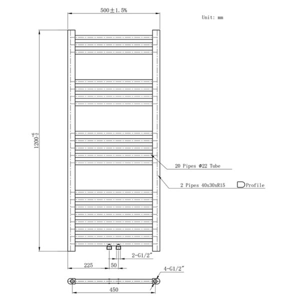 HANDDOEK RADIATOR MIDDEN AANSLUITING, 1200X500