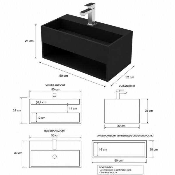 Solid Surface Wastafel 50 x 32,4 cm - Mat Zwart