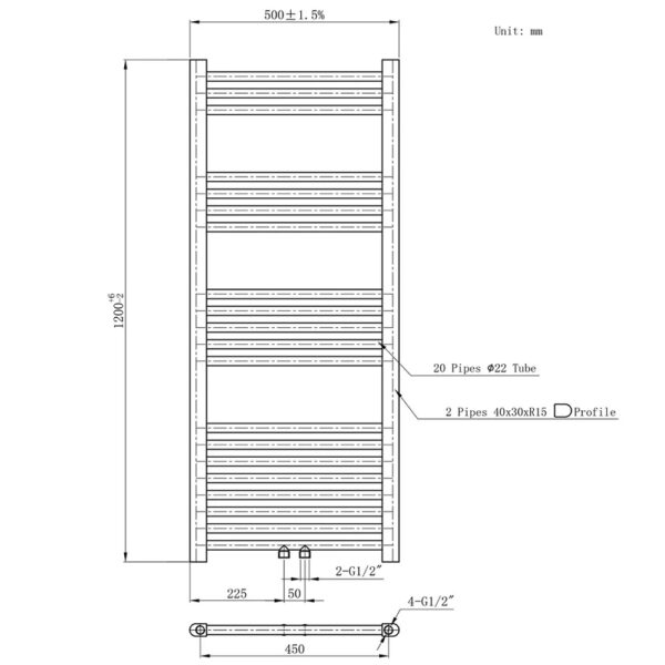 HANDDOEKRADIATOR MIDDEN AANSLUITING, 1200X500