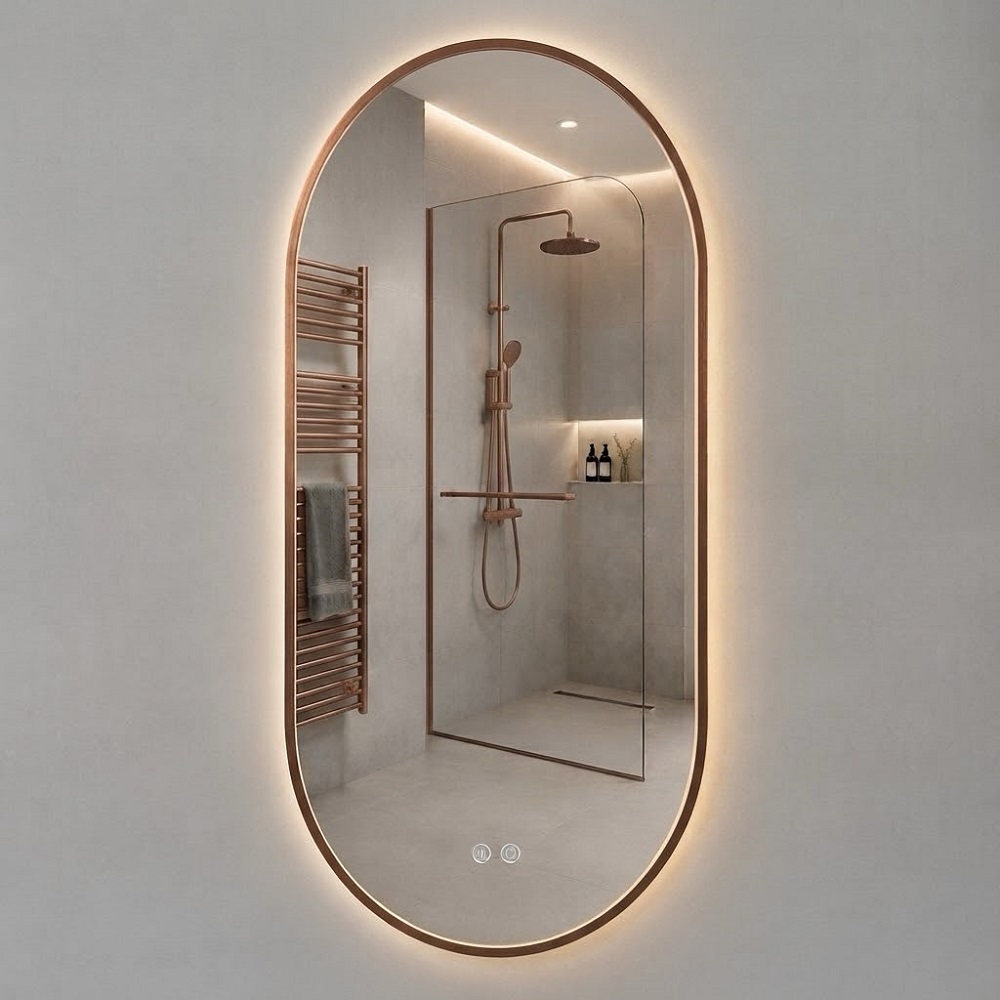 Ovale LED Badkamerspiegel 50 x 100 cm Geborsteld Koper - Met Verwarming - Touchbediening - Verlichting 3500-6500K