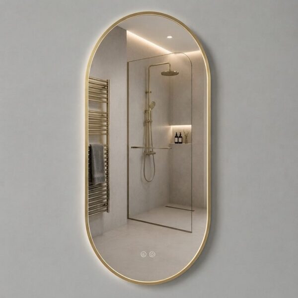 Ovale LED Badkamerspiegel 50 x 100 cm Geborsteld Goud - Met Verwarming - Touchbediening - Verlichting 3500-6500K