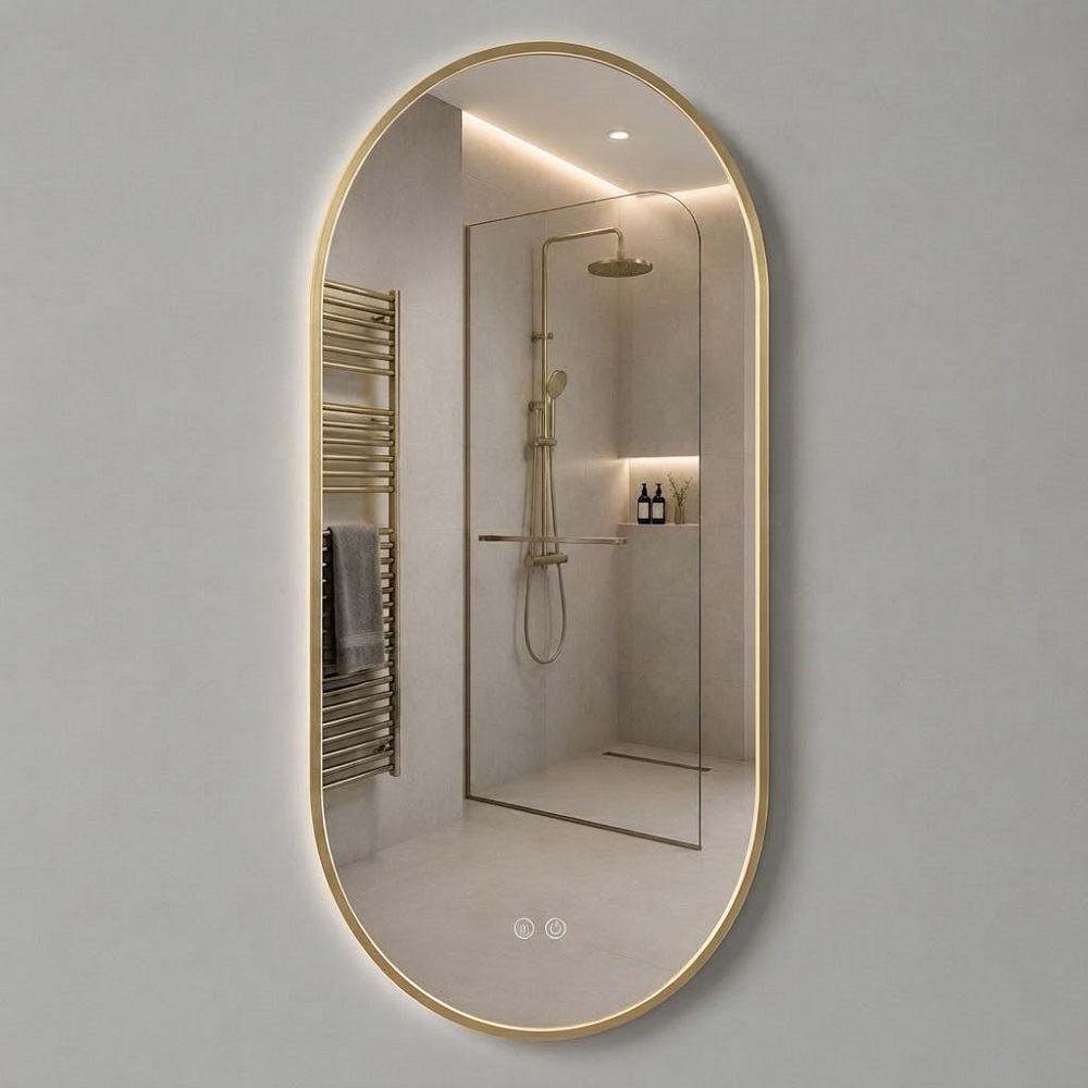 Ovale LED Badkamerspiegel 50 x 100 cm Geborsteld Goud - Met Verwarming - Touchbediening - Verlichting 3500-6500K
