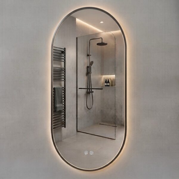 Ovale LED Badkamerspiegel 50 x 100 cm Gunmetal - Met Verwarming - Touchbediening - Verlichting 3500-6500K