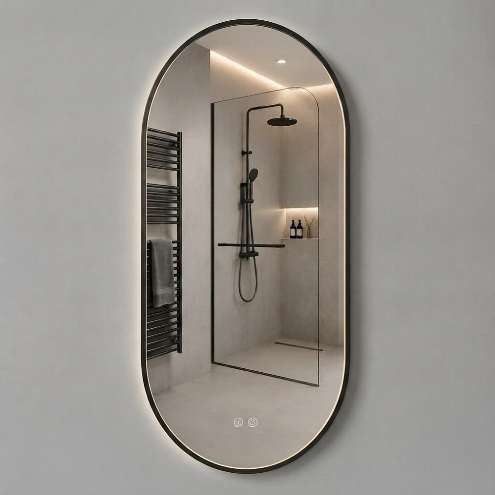 Ovale LED Badkamerspiegel 50 x 100 cm Mat Zwart - Met Verwarming - Touchbediening - Verlichting 3500-6500K