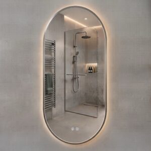 Ovale LED Badkamerspiegel 50 x 100 cm Geborsteld RVS Look - Met Verwarming - Touchbediening - Verlichting 3500-6500K
