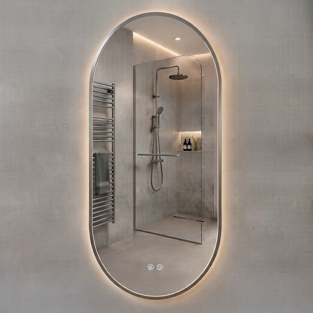 Ovale LED Badkamerspiegel 50 x 100 cm Geborsteld RVS Look - Met Verwarming - Touchbediening - Verlichting 3500-6500K