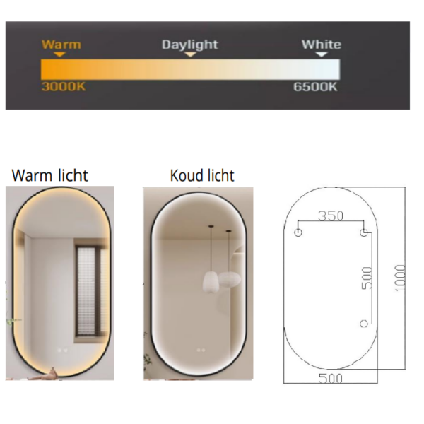 Ovale Led Spiegel Met Verwarming (100x50cm)