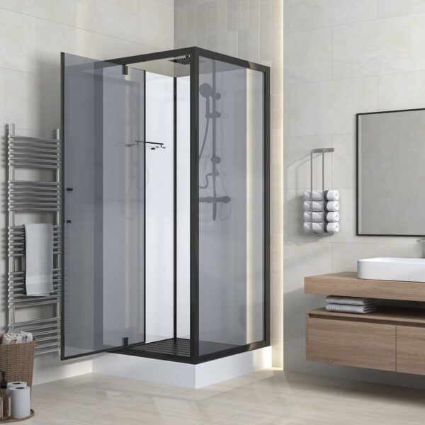 Complete douchecabine met draaideur 90x225x90 cm omkeerbaar mat zwarte profielen grijs rookglas 1