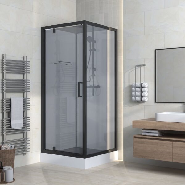 Complete douchecabine met draaideur 90x225x90 cm omkeerbaar mat zwarte profielen grijs rookglas