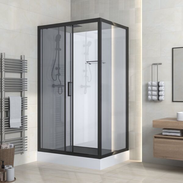 Complete douchecabine met schuifdeur 110x225x80 cm omkeerbaar mat zwarte profielen grijs rookglas 2