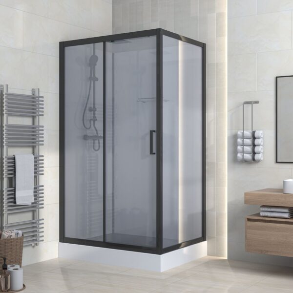 Complete douchecabine met schuifdeur 110x225x80 cm omkeerbaar mat zwarte profielen grijs rookglas
