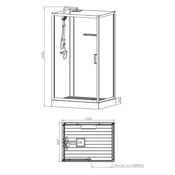 Complete douchecabine met schuifdeur 110x225x80 cm omkeerbaar mat zwarte profielen grijs rookglas t