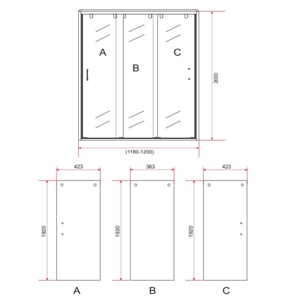3 Delige Schuifdeur voor Nis 120 x 200 cm