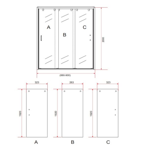 3 Delige Schuifdeur voor Nis 90 x 200 cm