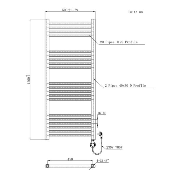 HANDDOEKRADIATOR ELECTRISCH OP 220V, 1200X500