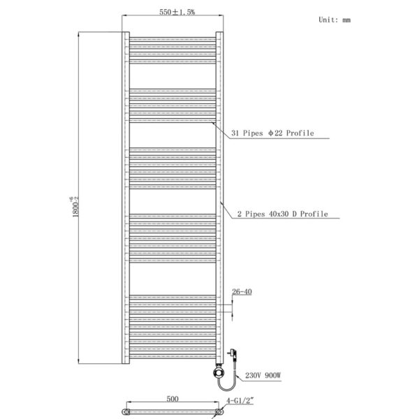 HANDDOEKRADIATOR ELECTRISCH OP 220V, 1800X550, 900W, WIT _T