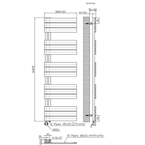 HANDDOEKRADIATOR ELECTRISCH OP 220V, 1600x500