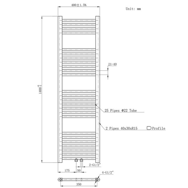 HANDDOEKRADIATOR MIDDEN AANSLUITING, 1400X400