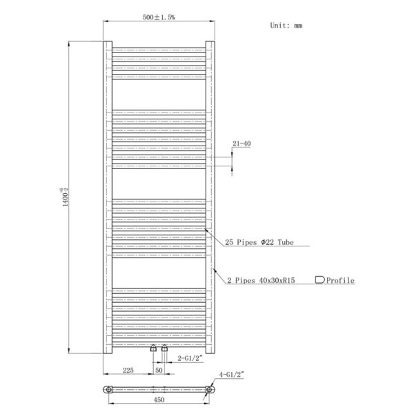 HANDDOEKRADIATOR MIDDEN AANSLUITING, 1400X500