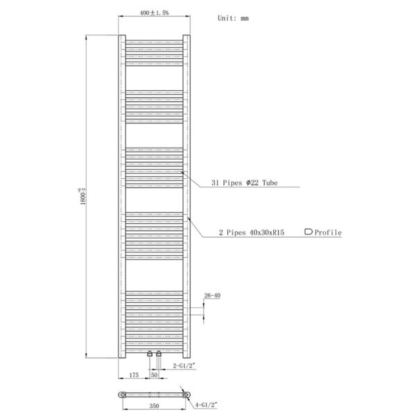 HANDDOEKRADIATOR MIDDEN AANSLUITING, 1800X400