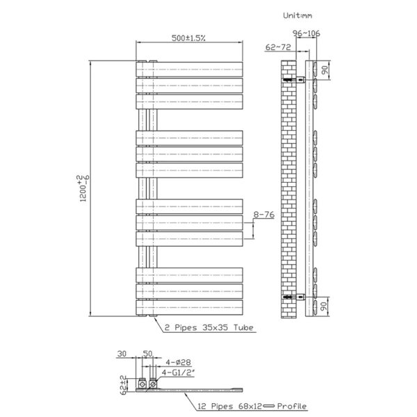 Handdoekradiator links rechts aansluiting combi, 1200x500 bucw