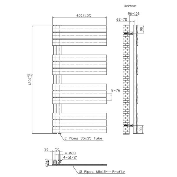 Handdoekradiator links rechts aansluiting combi, 1200x600 bucw