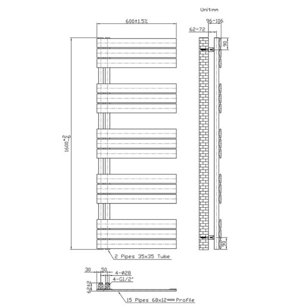 Handdoekradiator links rechts aansluiting combi, 1600x600 bucw