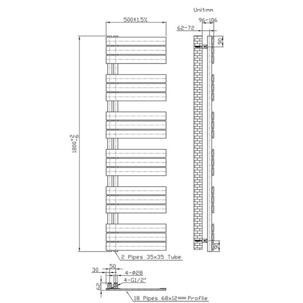 Handdoekradiator links rechts aansluiting combi, 1800x500