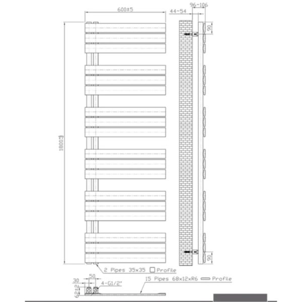 Handdoekradiator links/rechts aansluiting combi, 1800x600 bucw