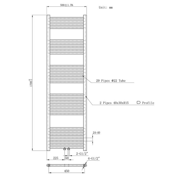 Handdoekradiator midden aansluiting, 1700x500