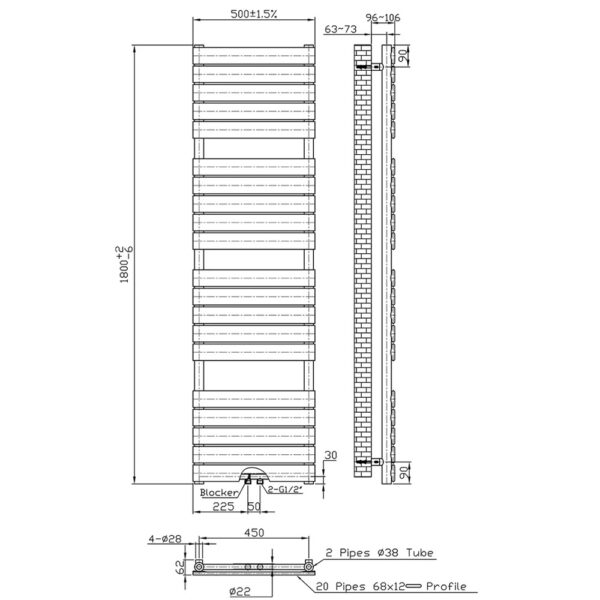 Handdoekradiator midden aansluiting, 1800x500