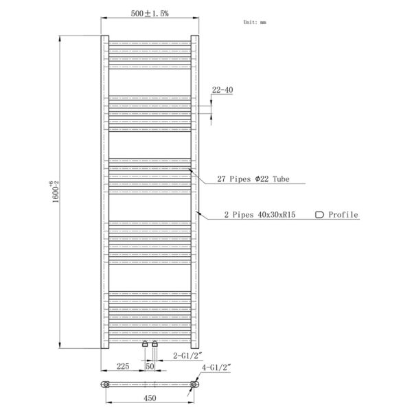 HANDDOEKRADIATOR MIDDEN AANSLUITING, 1600X500