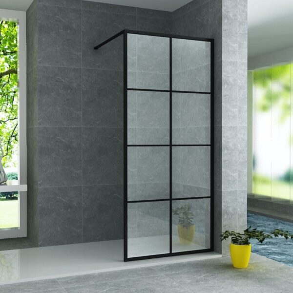 Inloopdouchewand met Mat Zwart Vierkant Raster - 140×200 cm - 8 mm Veiligheidsglas