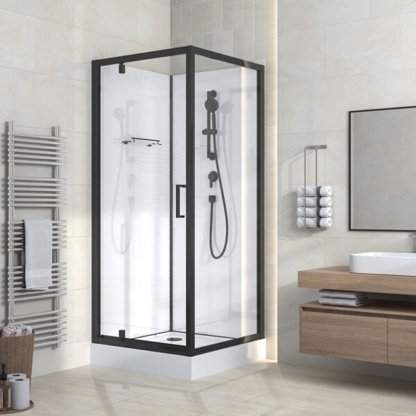 Complete douchecabine met draaideur 80x80x215 cm omkeerbaar mat zwart helder glas