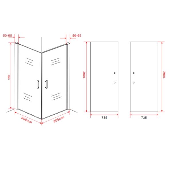 Douchecabine hoekinstap met 2 pendeldeuren 80x80x195 cm