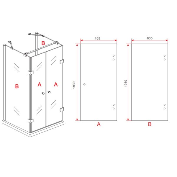 Douchecabine u opstelling met 2 draaideuren en 2 zijwanden 90x90x195 cm chroom & helder glas t
