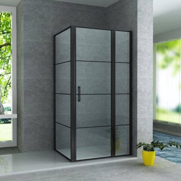 Douchecabine met draaideur, vast wandje en zijwand 90x140x200 cm mat zwart helder glas met zwart raster