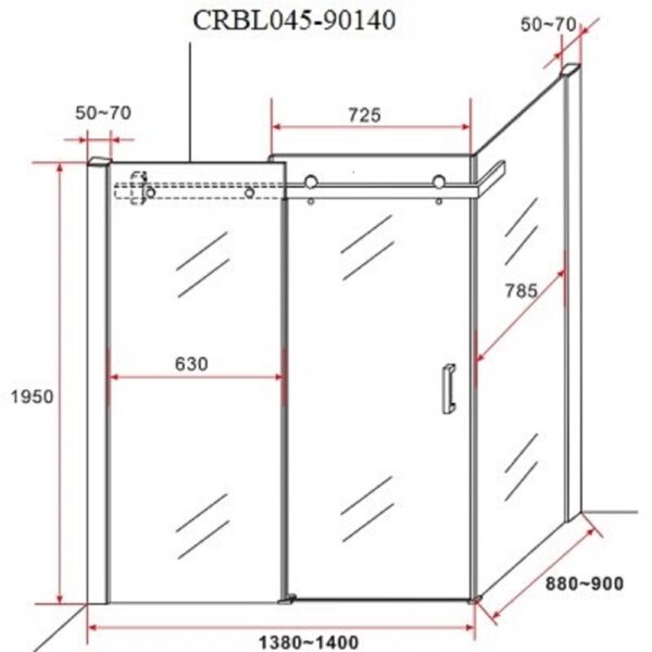 Douchecabine met schuifdeur en zijwand 90x140x195 cm