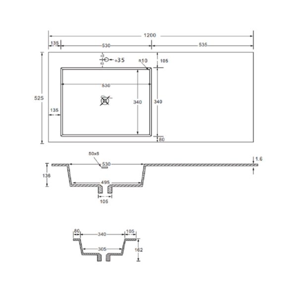 Square slim wastafel 1 wasbak links met overloop 1 kraangat kunstmarmer 120x1,6x52,5 cm mat wit t