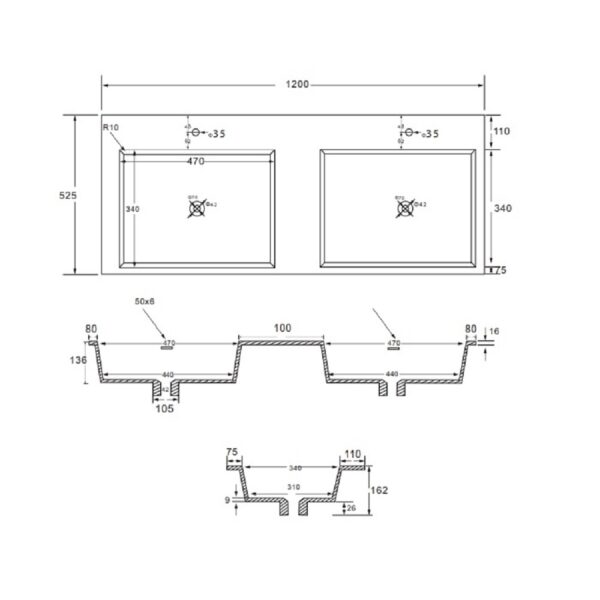 Square slim wastafel 2 wasbakken met overloop 2 kraangaten kunstmarmer 120x1,6x52,5 cm mat wit t