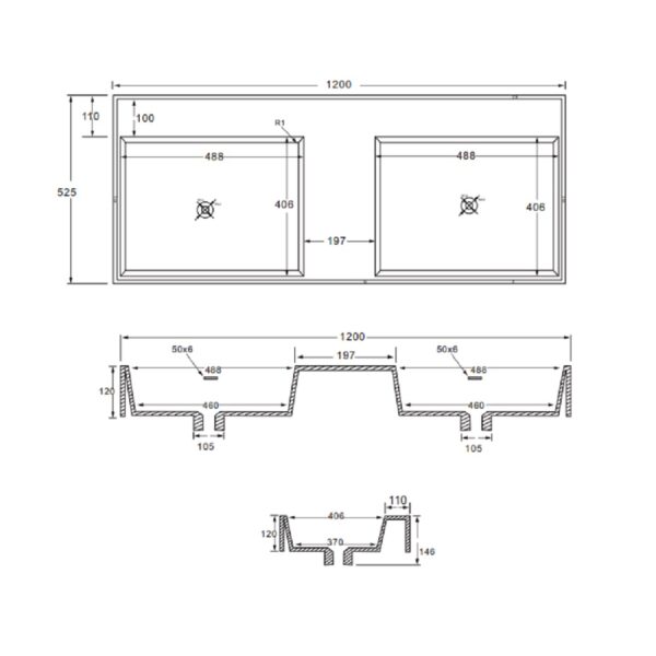 Square wastafel 2 wasbakken met overloop zonder kraangaten kunstmarmer 120x12x52,5 cm mat wit t
