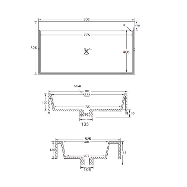 Wonda square wastafel 1 wasbak met overloop zonder kraangat kunstmarmer 80x12x52,5 cm mat wit t