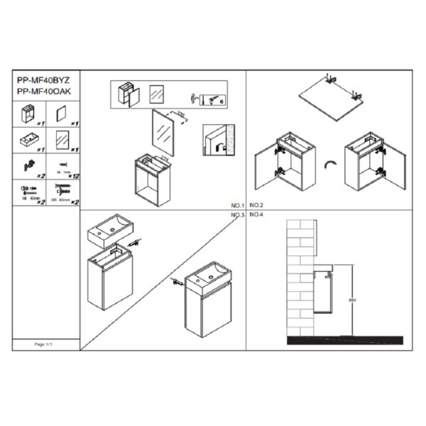 Zyro toiletmeubelset compleet onderkast met 1 deur greeploos soft close omkeerbaar spiegel fontein 40,5x22,5 cm glanzend wit t1